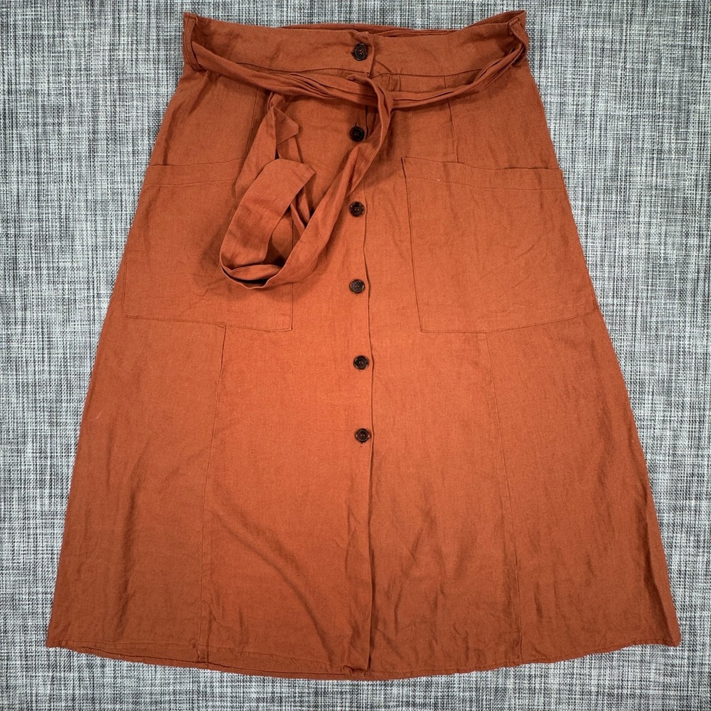 Just Living Womens Skirt Midi Linen Blend Button Front Tie Waist Rust Size Large